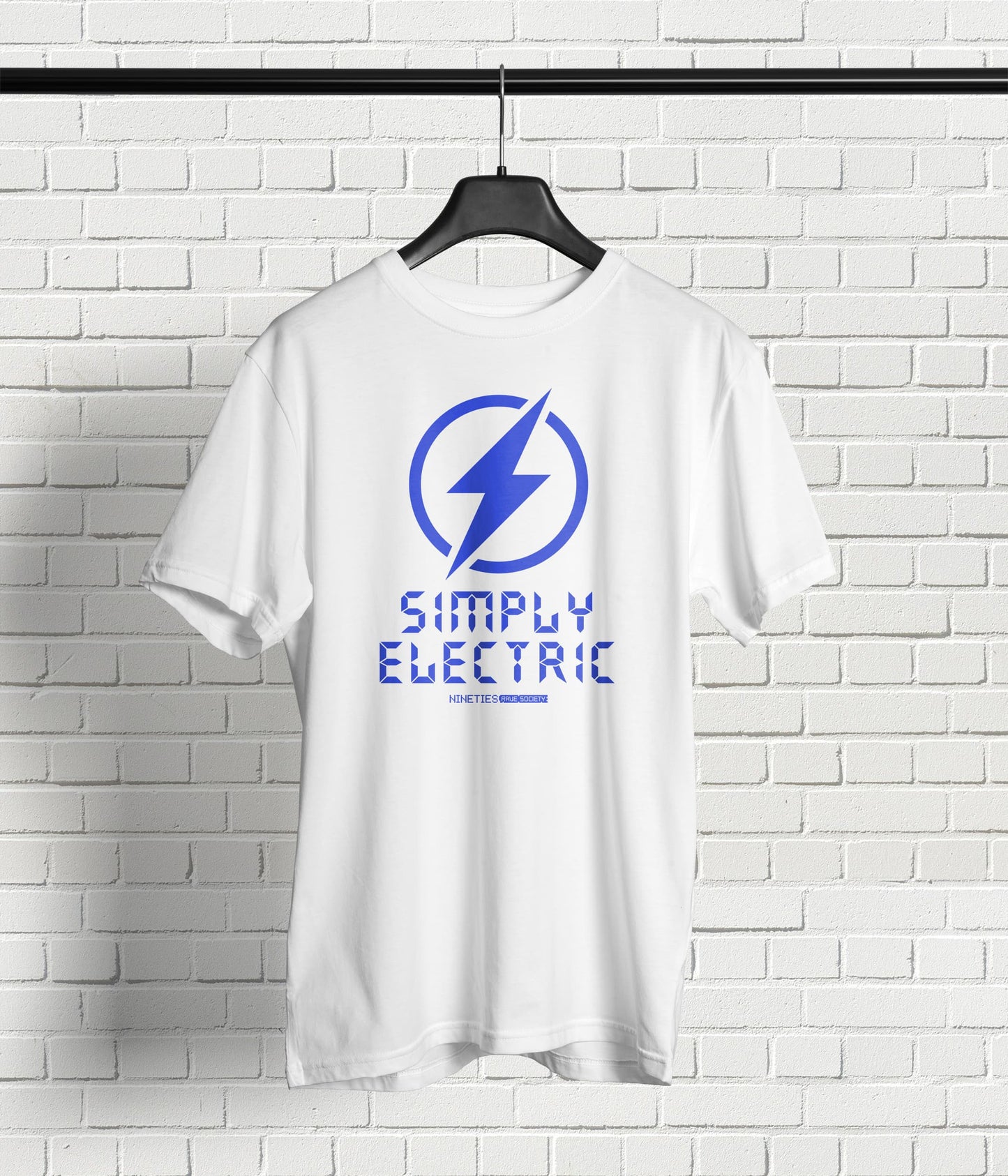 Nineties Rave Society - Simply Electric: WHITE Short Sleeve Unisex T-Shirt (SHIPPING TO UK ADDRESS INCLUDED)